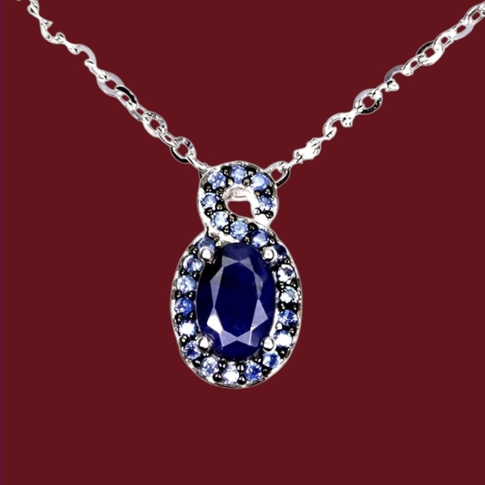 925 Sterling Silver Necklace 18" with Natural Blue Sapphire 6x4mm & Sapphire Gem